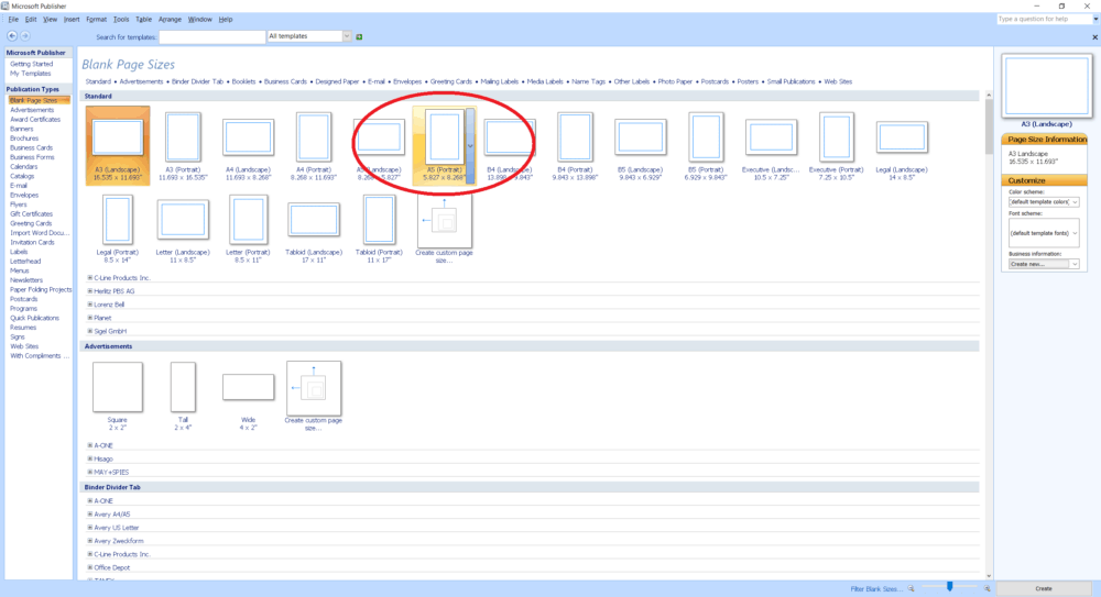 Microsoft Publisher screenshot choosing A5 (Portrait)