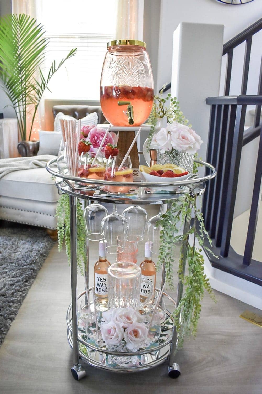 Summer bar cart decor with strawberry lemonade sangria