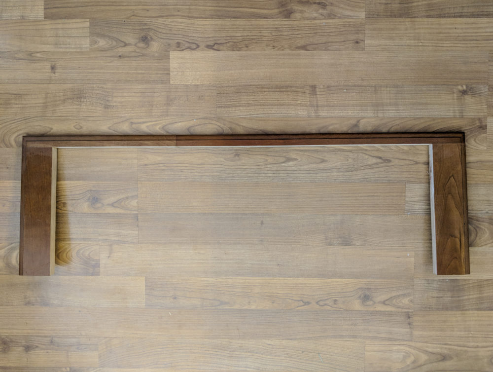 Overhead view of cabinet trim piece for farmhouse sink install