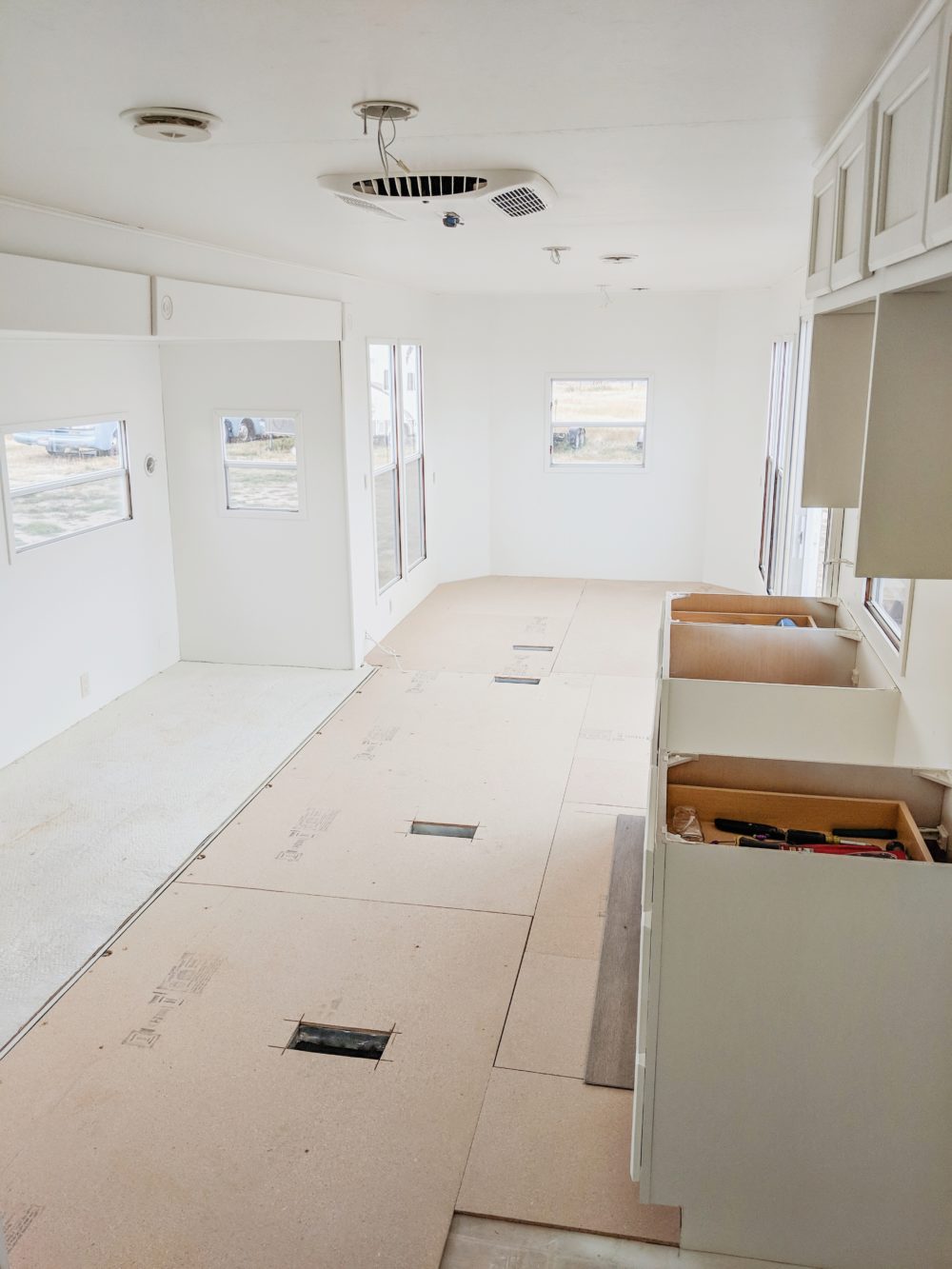 RV interior walls and ceiling painted in white