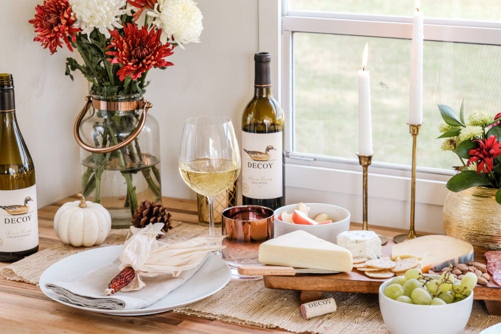 small Thanksgiving tablescape with classic white dinnerware