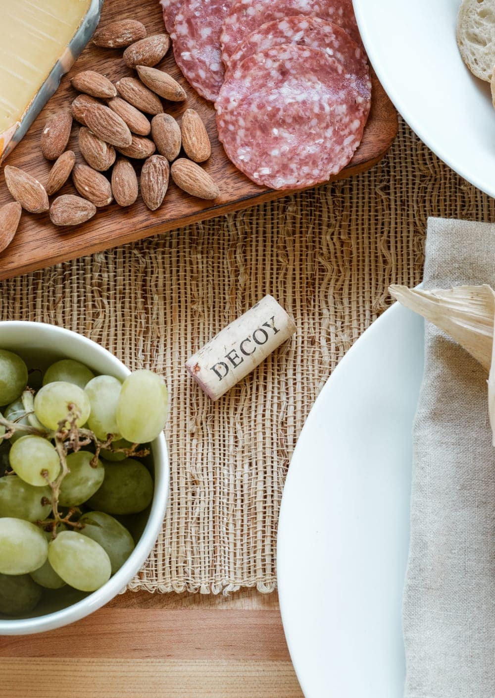 thanksgiving tablescape grapes, almonds, salami 