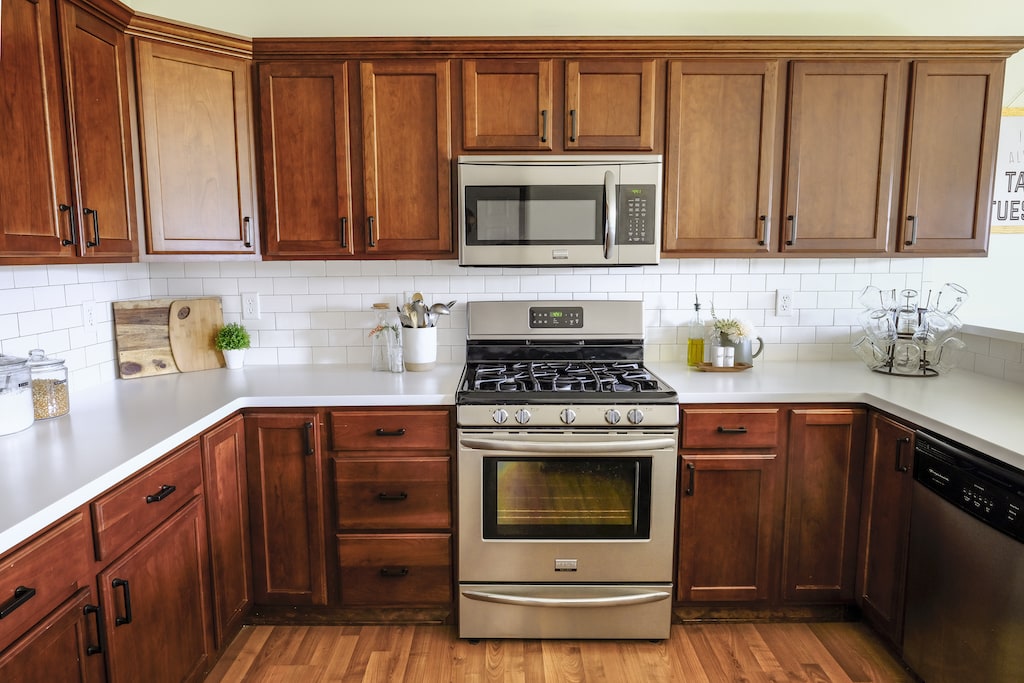 a kitchen with soft close cabinets