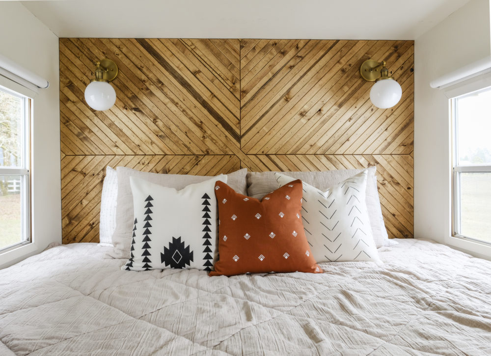 rv bedroom built in headboard wood accent wall