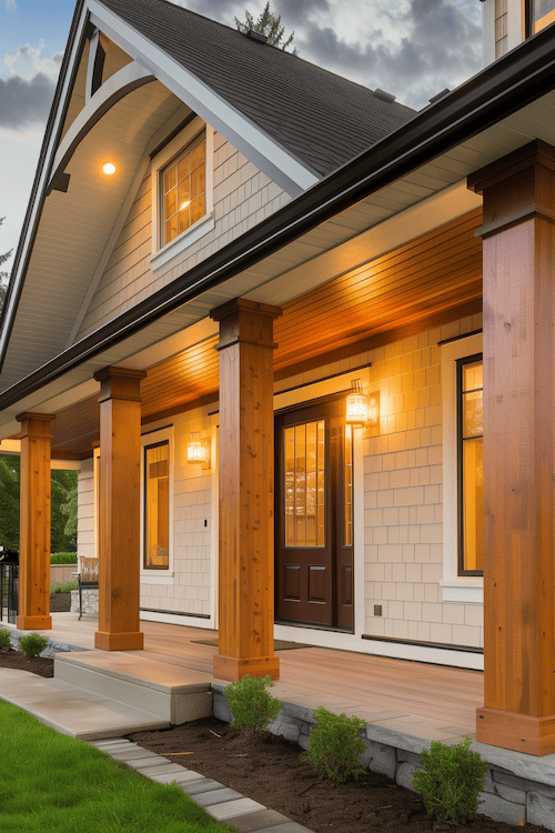 exterior of modern farmhouse with wood columns along porch