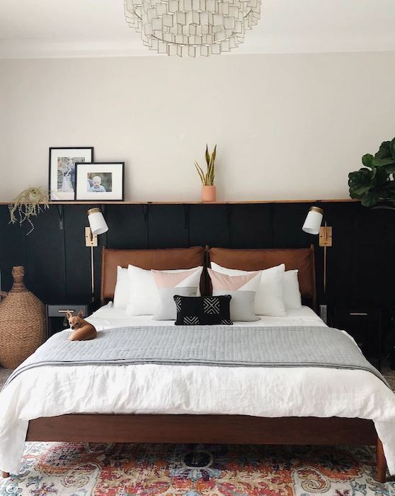 bedroom with wall sconce lights mounted to behind the bed