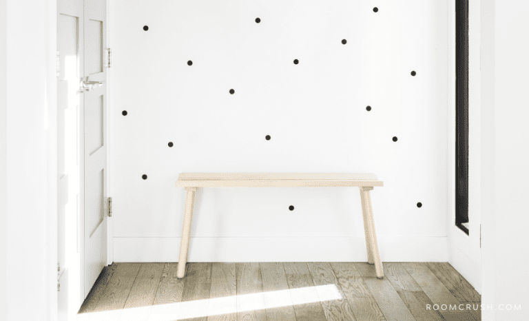 Bench and doors showing how to decorate with wallpaper in a modern way