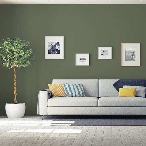 living room painted with All About Olive by PPG Paints 