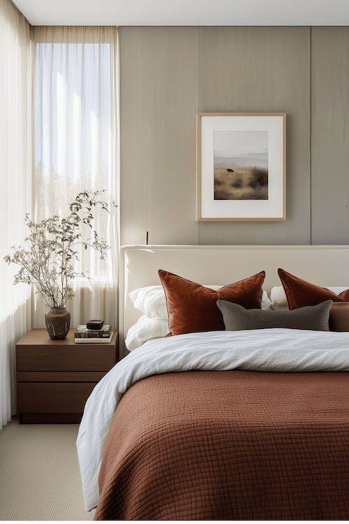 Beautiful Bedroom With Terracotta Velvet Pillows