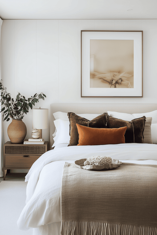 Beautiful bedroom decorated with terracotta color pillows