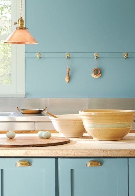 Kitchen with Aegean Teal walls and cabinets 