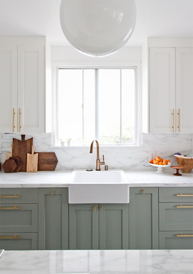 lower cabinets painted with Pigeon by Farrow and Ball