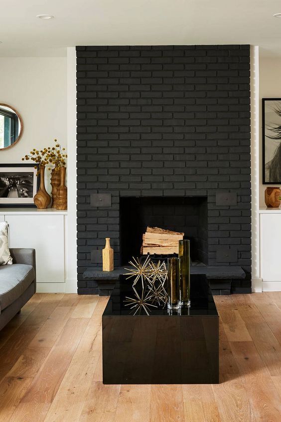 brick fireplace painted with Noir by Valspar