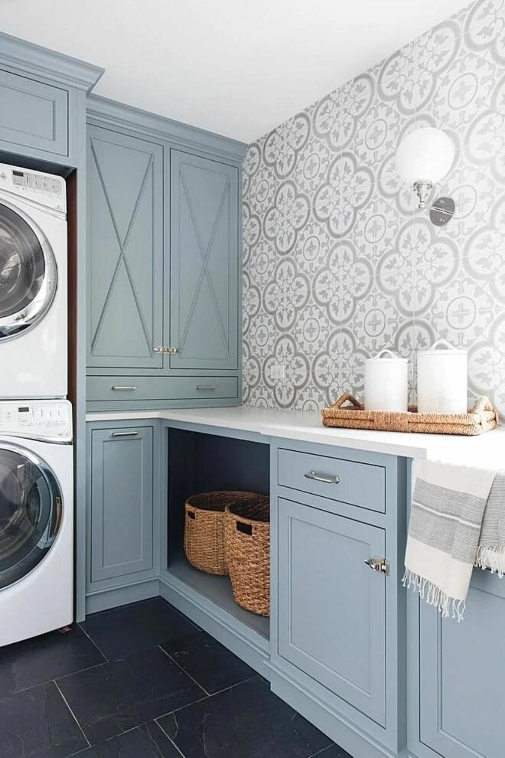 Laundry room cabinets painted with Cloudy Sky by Benjamin Moore