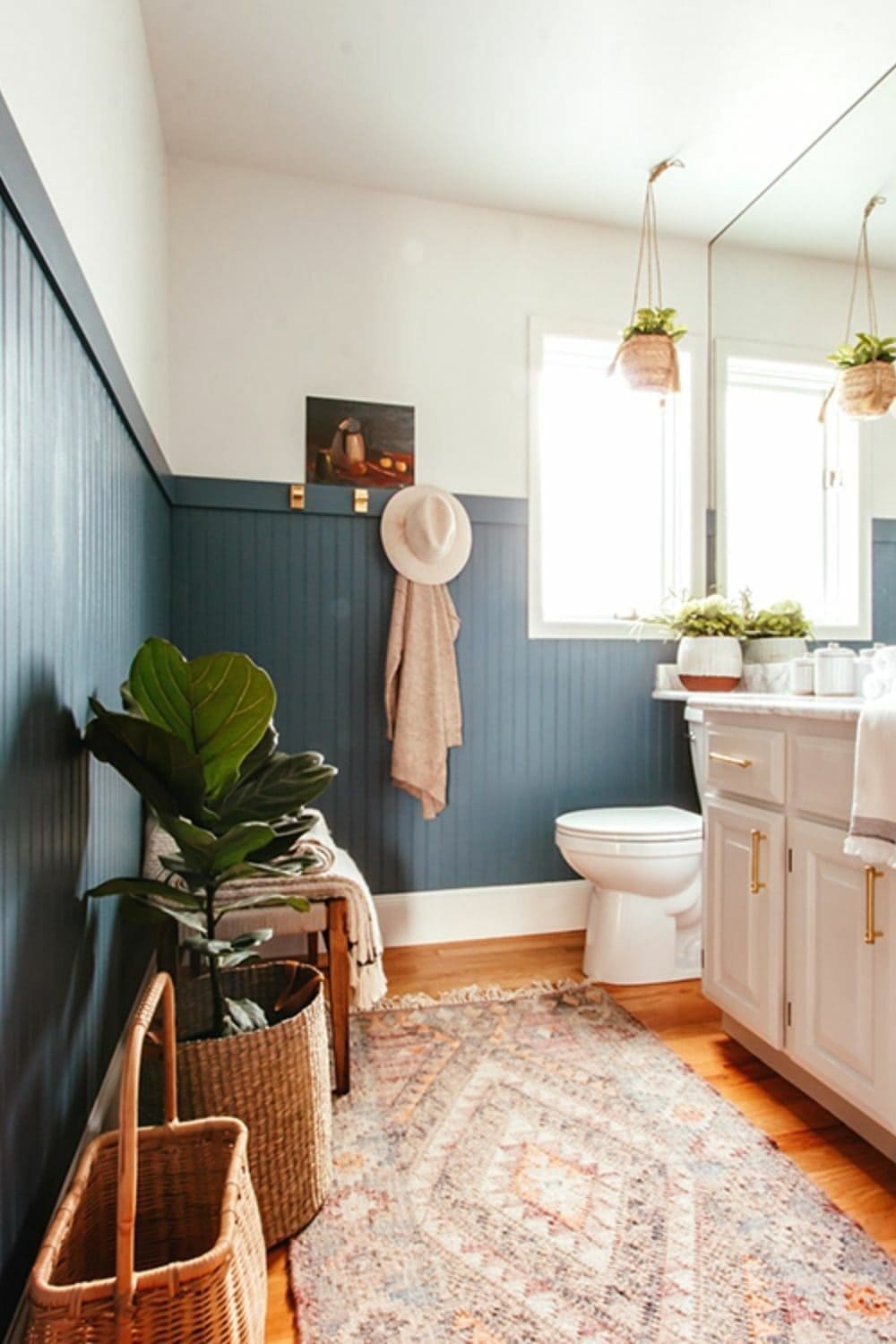 bathroom wainscoting painted with Smokey Blue by Sherwin-Williams