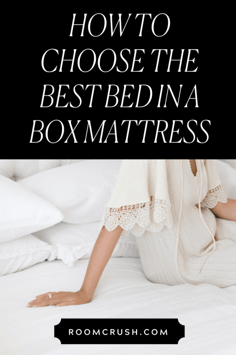 Woman sitting comfortably on her carefully chosen bed in a box mattress