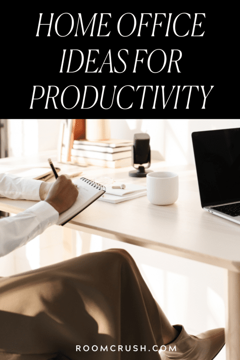 Woman working at her desk that is organized for home office productivity
