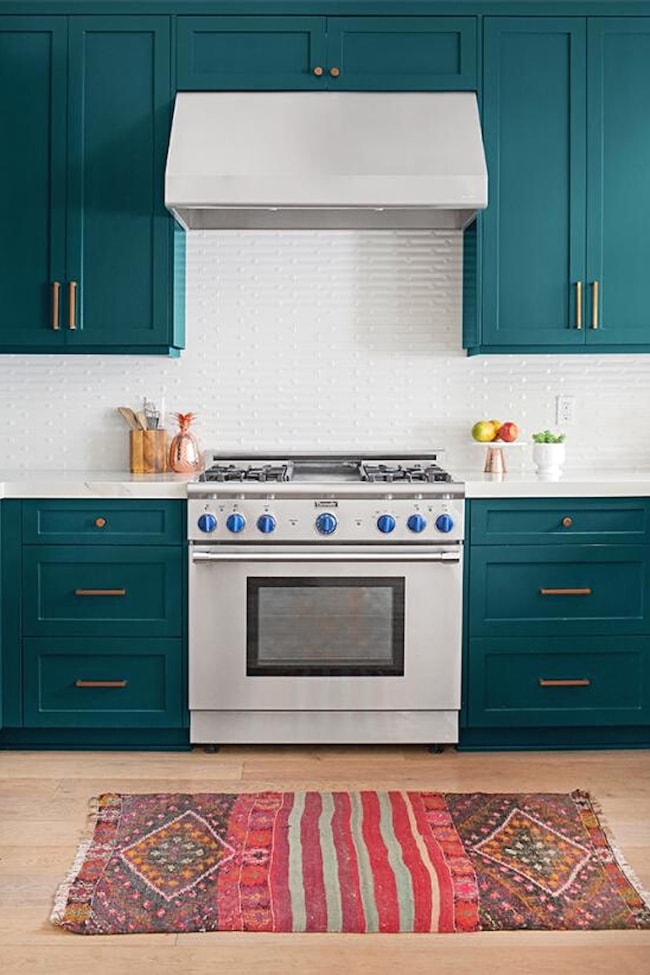 kitchen with Galapagos Turquoise cabinets