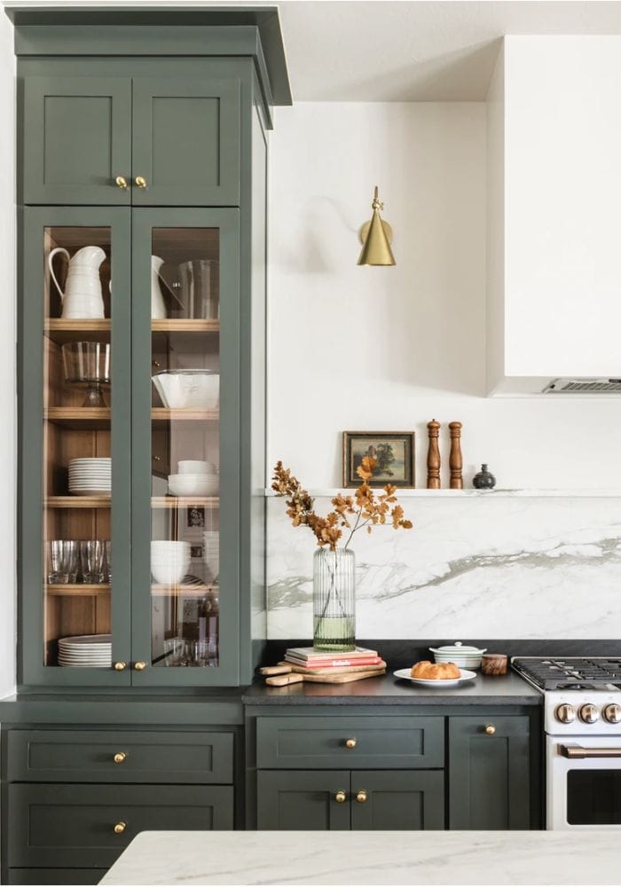 kitchen with Pewter Green cabinets 