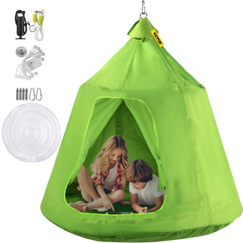 vevor review green hanging tree tent with kids playing inside