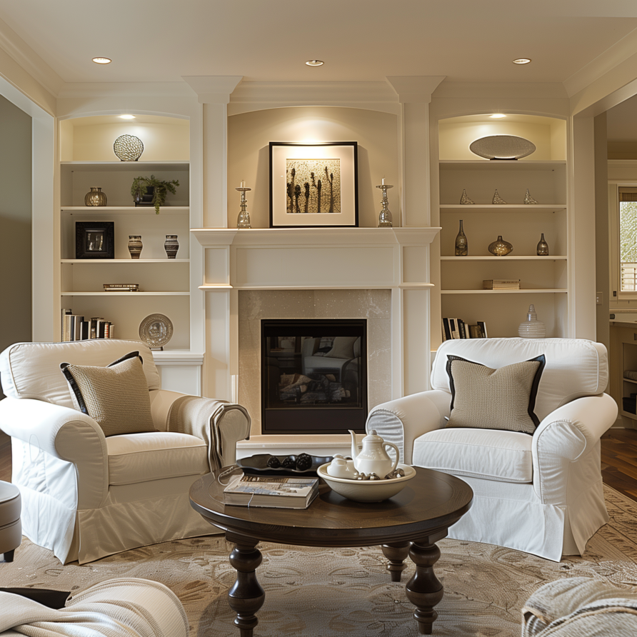 example of living room with built-in shelving